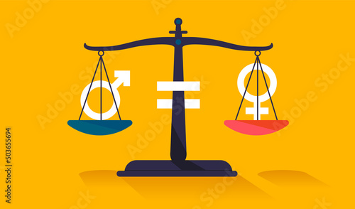 Equal gender scale - Equality weight scale with gender signs in flat design vector illustration with yellow background