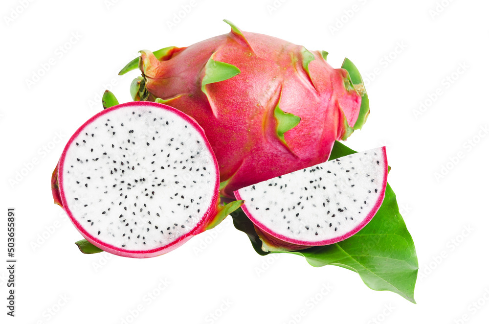 Dragon fruit with green leaf isolated on white background. Dragon fruit with green leaf isolated on white background.