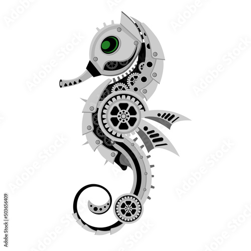 Mechanical seahorse in metal steampunk style. Vector illustration.