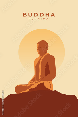 Happy Vesak Day, Buddha Purnima wishes greetings with a buddha vector illustration. Can be used for posters, banners, greetings, and print design.