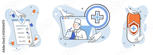 Health care program metaphor, online medical services, protection medicine. Medical insurance, hospital services, preventive check up, sick leave certificate treatment diagnosis patients, telemedicine