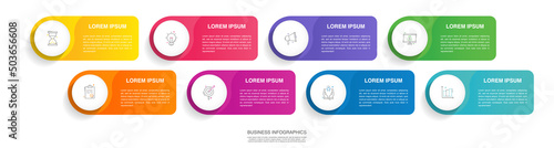 Modern 3D vector illustration. Circular infographic template with eight elements. Contains icons and text. Designed for business, presentations, web design, 8-step diagrams.