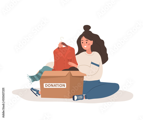 Clothes donation. Woman putting old used clothes ready to be shared or recycled to cardboard box. Volunteering and social care concept. International charity day. Vector illustration in cartoon style.