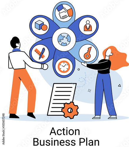 Action business plan, development strategies, foreseeing market risks. Company success secret, idea growing business achieve target metaphor, study production and sales market. Strategic biz planning