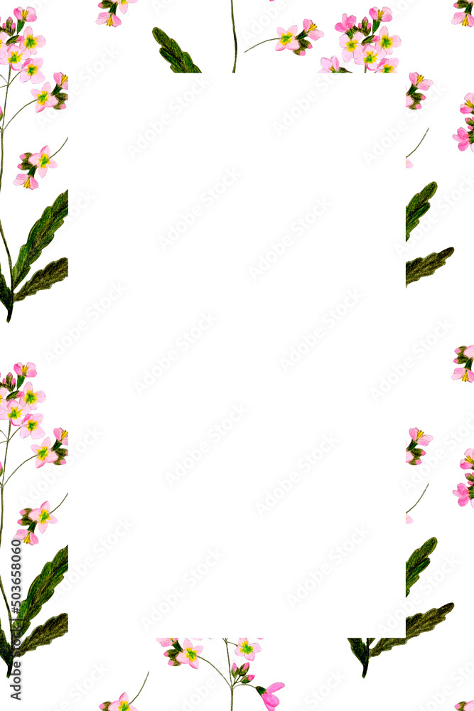 Fototapeta premium Romantic card template with pink wild flowers pattern.