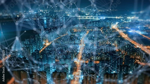 smart Connected city skyline. Futuristic network concept, city Technology.