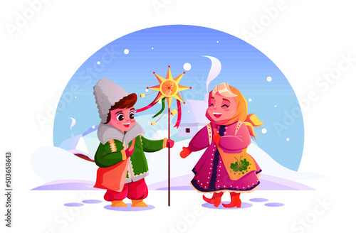 Ukrainian carolers. Children carolers sing the backdrop of the winter Ukrainian village. Christmas star. Vector cute Illustration in cartoon style.
