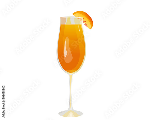 Bellini cocktail. Refreshing summer alcoholic drink with a slice of peach. A cocktail of champagne or prosecco and peach nectar. Vector illustration.