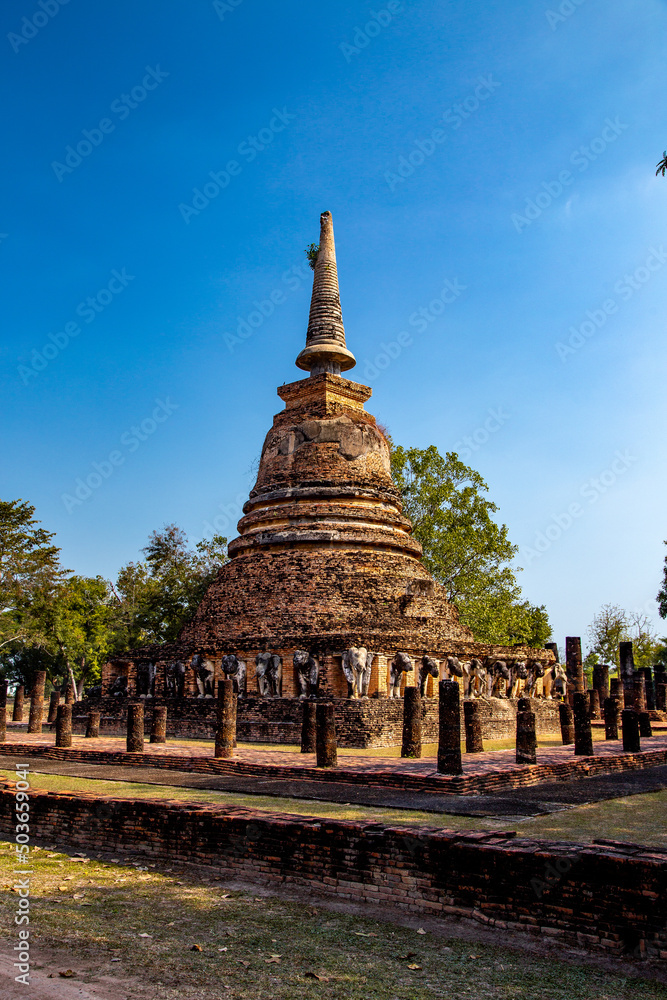 Wat Chang Lom elephant temple in Sukhothai historical park, Thailand