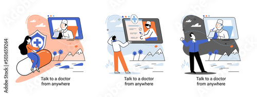 Online medical services mobile application consultation and prescription medicine professional doctor connecting and giving consultation for patient anywhere telemedicine metaphor, health care program