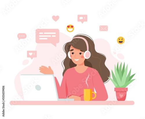 Woman working with computer, home office, student or freelancer. Customer service, call center and support. Cute concept vector illustration in flat style