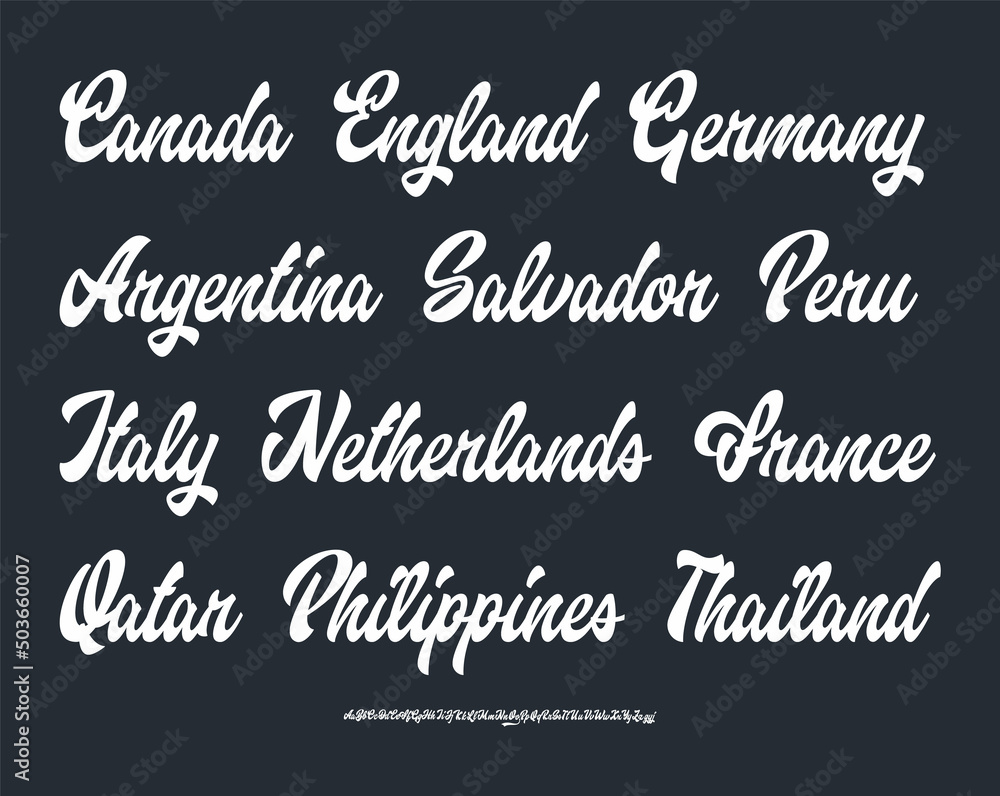 Countries lettering Collection with Script Font. Vector