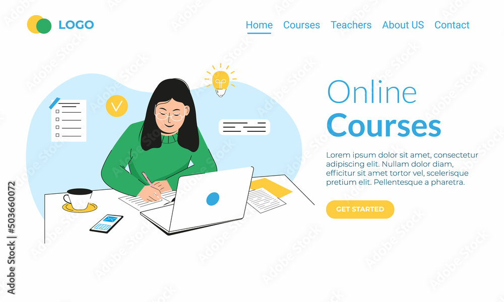 Landing page template online education concept. Young woman, with laptop sitting at table and recording lecture. Online courses. Student studying on computer minimalist style. Flat vector illustration