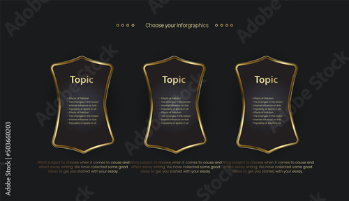THREE buttons of premium and luxury option buttons, SET of golden otions design on dark background, finance and business infographic option vector, illustration