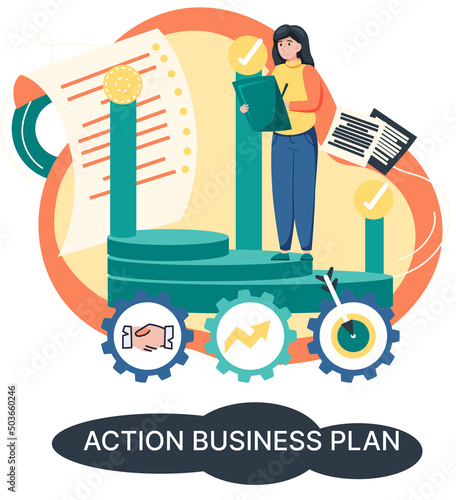 Action business plan, development strategies, foreseeing market risks. Company success secret, idea growing business achieve target metaphor, study production and sales market. Strategic biz planning