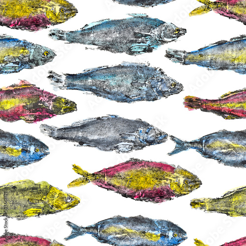 watercolor tuna fish print seamless pattern colored bright on white background