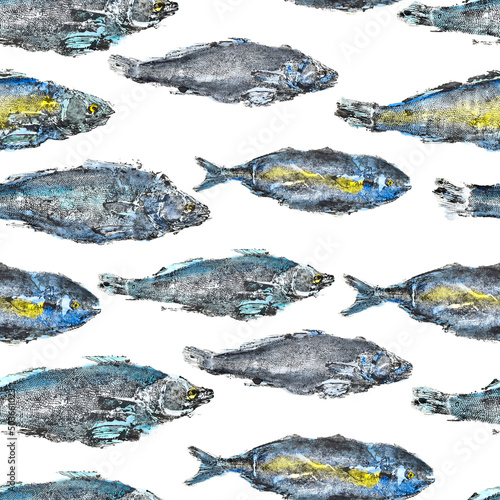 watercolor tuna blue fish print seamless pattern colored bright on white background