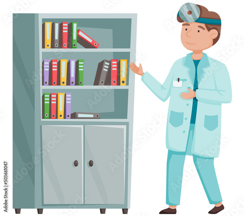 Otolaryngologist takes care of patients in clinic. Doctor with forehead reflector treatment of pathologies of throat, ear and nose in hospital. Physician works and prescribes therapy. Health care