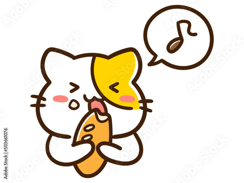 パンを美味しそうに食べるかわいいねこのキャラクターの手書き風イラスト