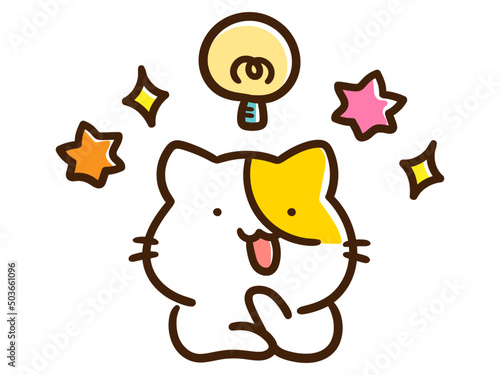 脳が活性化してひらめくかわいいねこのキャラクターの手書き風イラスト