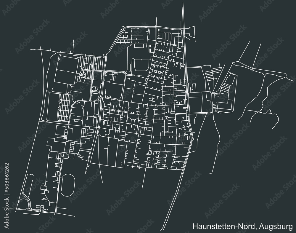 Detailed negative navigation white lines urban street roads map of the HAUNSTETTEN-NORD DISTRICT of the German regional capital city of Augsburg, Germany on dark gray background