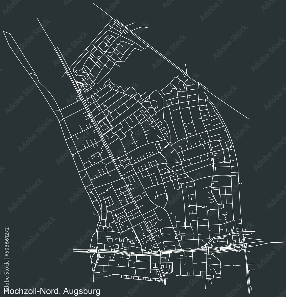 Detailed negative navigation white lines urban street roads map of the HOCHZOLL-NORD DISTRICT of the German regional capital city of Augsburg, Germany on dark gray background