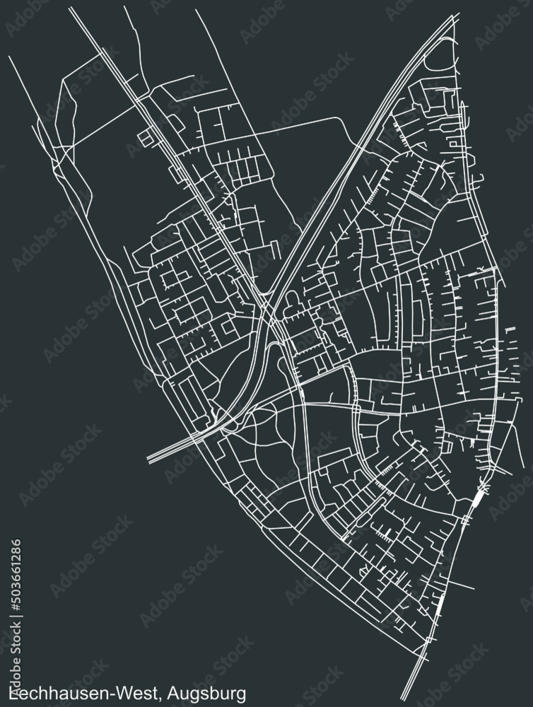 Detailed negative navigation white lines urban street roads map of the LECHHAUSEN-WEST DISTRICT of the German regional capital city of Augsburg, Germany on dark gray background
