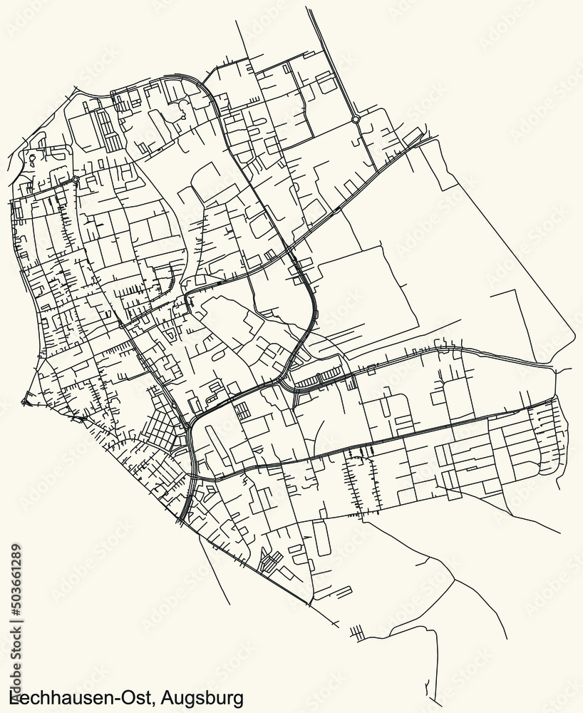 Detailed navigation black lines urban street roads map of the LECHHAUSEN-OST DISTRICT of the German regional capital city of Augsburg, Germany on vintage beige background