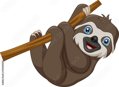 Cute baby sloth cartoon hanging on tree branch