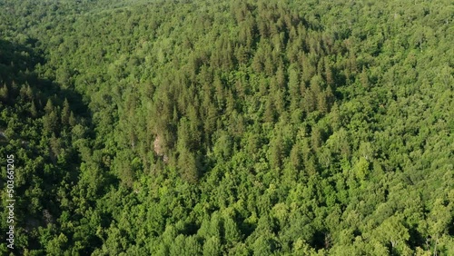 Ural Mountains, Bashkiria, Kyzyltash rocks and Kalim-Uskan rock. Aerial view. photo