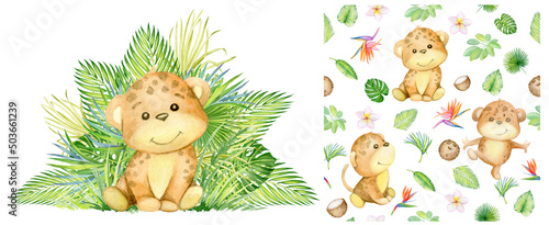 leopard  tropical leaves  watercolor set  clipart and seamless pattern  in cartoon style  on an isolated background.