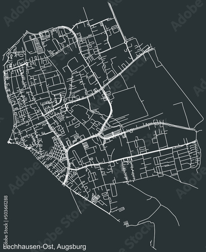 Detailed negative navigation white lines urban street roads map of the LECHHAUSEN-OST DISTRICT of the German regional capital city of Augsburg, Germany on dark gray background