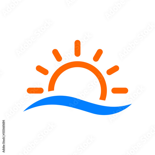 Sunrise logo. Icono con silueta de sol con olas con líneas en color azul y naranja