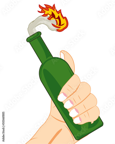 Hand of the person with bottle incendiary mixture