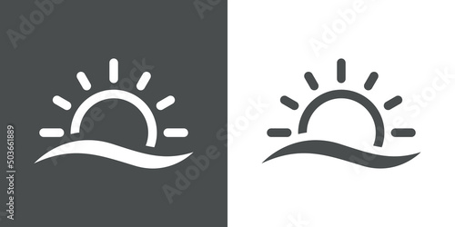 Sunrise logo. Icono con silueta de sol con olas con líneas en fondo gris y fondo blanco