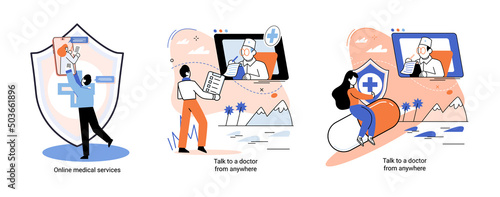 Mobile medicine mhealth online doctor, online medical services, health care program, talk to doctor from anywhere. Smartphone with medical application. Digital health and medical consultation metaphor