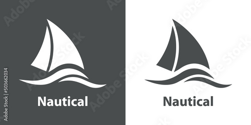 Beach holidays. Logo paseo en yate. Oceáno con olas y silueta de barco de vela simple con texto Nautical en fondo gris y fondo blanco