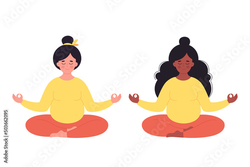 Pregnant women meditate in the lotus position. Healthy pregnancy, yoga, relaxation, breathing exercises. Hand drawn vector illustration