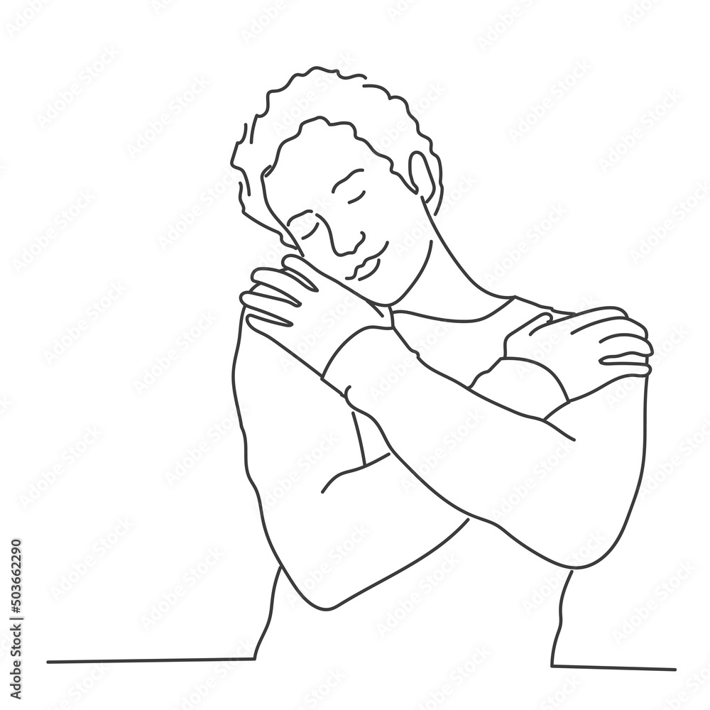 Young guy hugging himself. Self care concept. Young guy hugging himself. Self care concept.