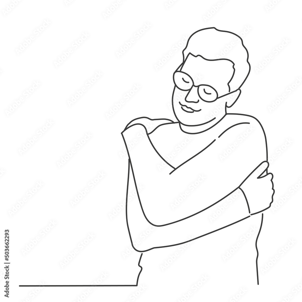 Guy with glasses hugging himself. Guy with glasses hugging himself.