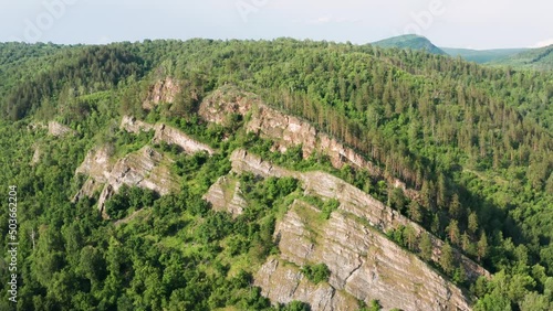 Ural Mountains, Bashkiria, Kyzyltash rocks and Kalim-Uskan rock. Aerial view. photo