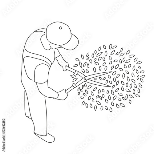 Gardening man cuts a bush with a hedge clippers