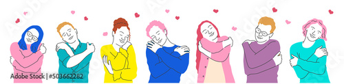 Multiracial group of men and women hugging herself with hearts on white background.
