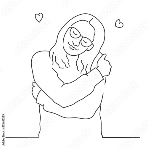 Woman with glasses hugging herself with hearts on white background.