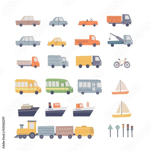 Hand drawn set of cute vehicles for kids design. Urban road transport vector illustration.