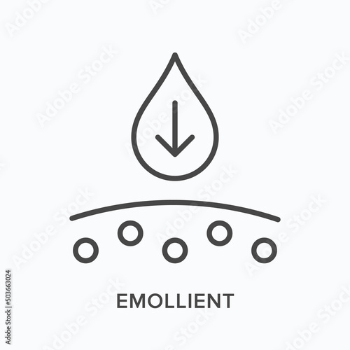 Emollient flat line icon. Vector outline illustration of skin and drop. Black thin linear pictogram for dermatology