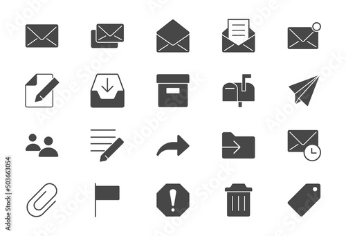 Mail flat icons. Vector illustration include icon - postbox, label, letter, email, envelope, spam, document attachment glyph silhouette pictogram for postal service. Black color signs