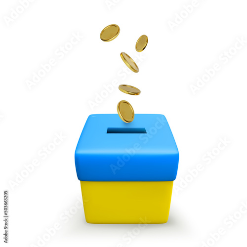Fundraising for victims of the war in Ukraine. Falling gold coins into donation box colour in national Ukrainian flag