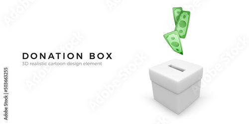 White donation box with falling paper dollar. 3D realistic charity and donation concept. Business object for banner and poster