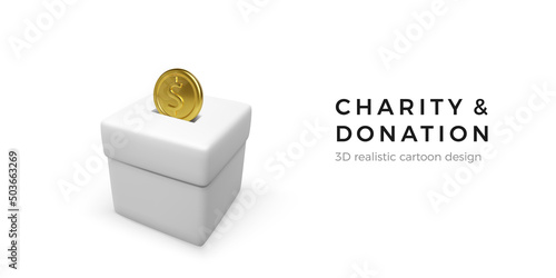 White donation box with gold coin. 3D realistic charity and donation concept. Business object for banner and poster